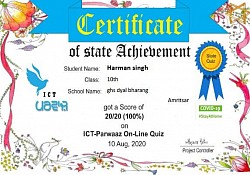 Appreciation Certificate of Harman Singh Class 10th